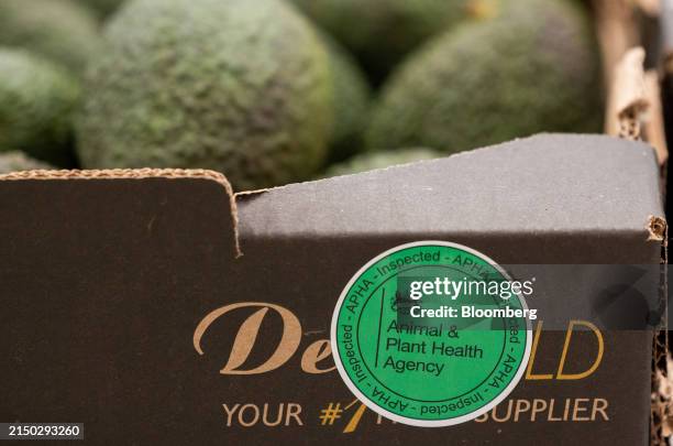 An Animal & Plant Health Agency inspection complete sticker on a box of avocados inside a border control post during a visit ahead of opening at...