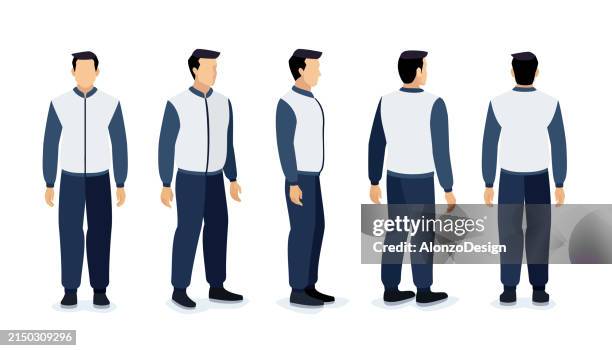 illustrations, cliparts, dessins animés et icônes de un jeune homme en tenue de sport décontractée. ensemble de différentes poses de conception. - veste-et-blouson