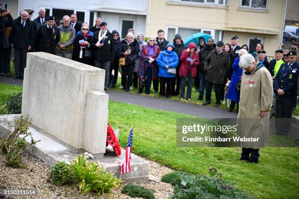 Person pays their respects during the Remembrance Service to commemorate the 80th anniversary of Exercise Tiger held in Victoria Gardens, on April...