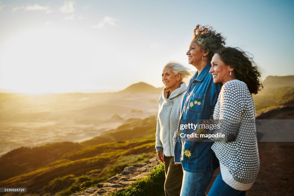 Smiling mature friends standing arm in arm by a scenic coast during a road trip