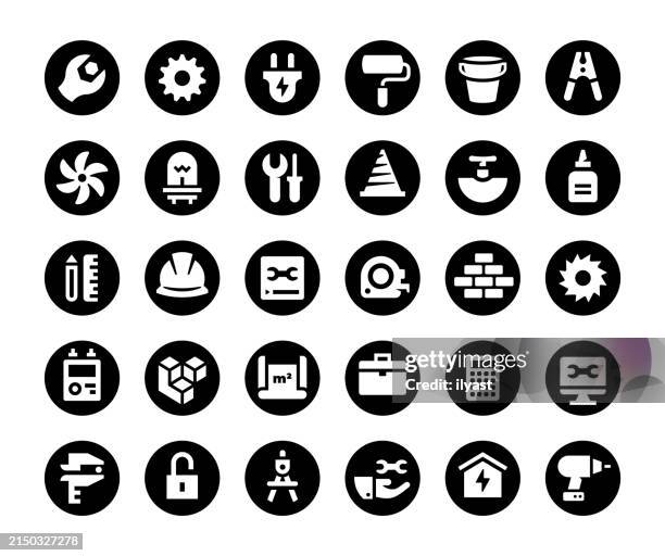 black & white minimal icon set for repair workshop - small business training stock illustrations