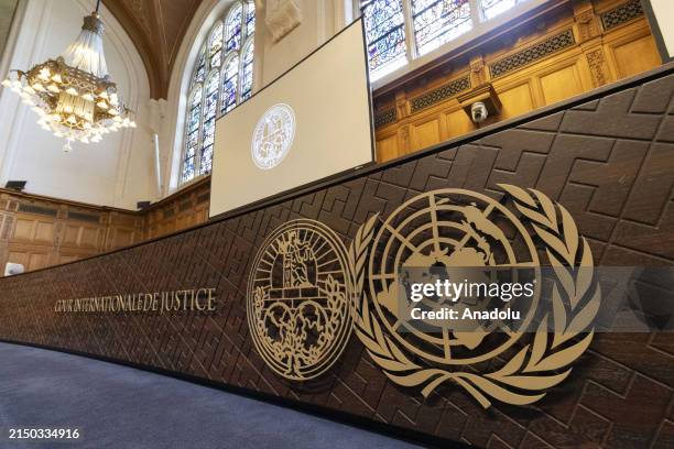 View of ICJ logo during the International Court of Justice's case on Nicaragua's request for emergency measures to stop Germany's arms exports to...