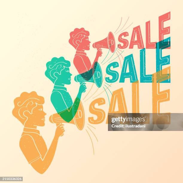 man shouting sale on megaphone in risograph style - consumer electronics collage stock illustrations