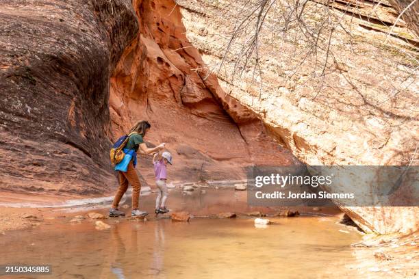 a mother and daughter hiking in the desert - canyon photos et images de collection