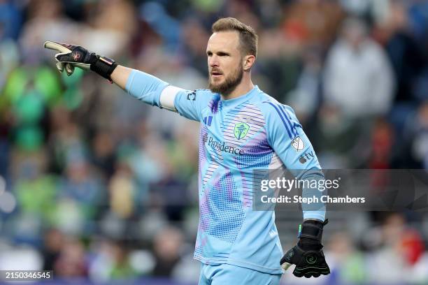 Stefan Frei of Seattle Sounders looks on against the Vancouver Whitecaps at Lumen Field on April 20, 2024 in Seattle, Washington.