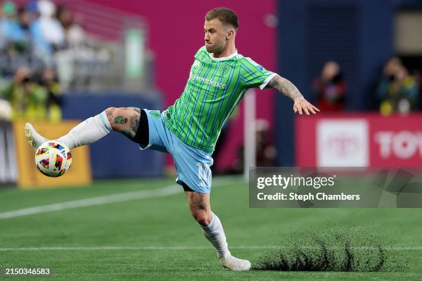 Albert Rusnák of Seattle Sounders receives the ball against the Vancouver Whitecaps at Lumen Field on April 20, 2024 in Seattle, Washington.