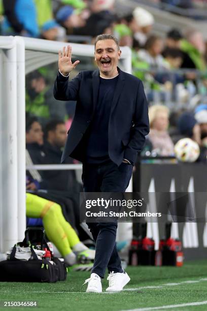 Head coach Vanni Sartini of the Vancouver Whitecaps reacts during the first half against the Seattle Sounders at Lumen Field on April 20, 2024 in...