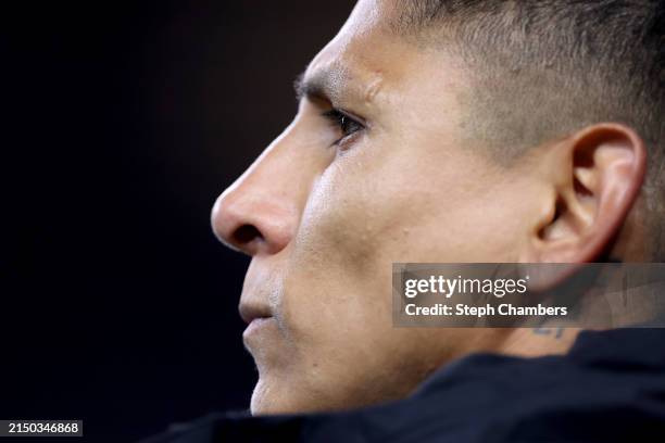 Raúl Ruidíaz of Seattle Sounders looks on during the first half against the Vancouver Whitecaps at Lumen Field on April 20, 2024 in Seattle,...
