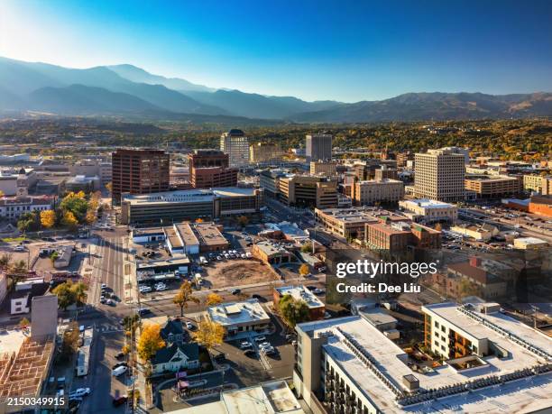 colorado springs aerial with mountains - colorado stock pictures, royalty-free photos & images