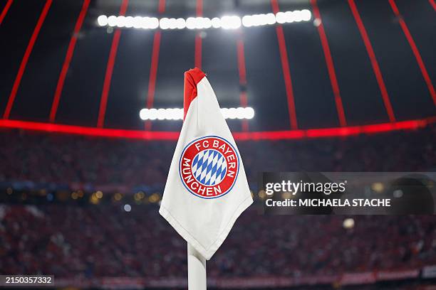Corner flag with the Bayern Munich logo is pictured prior to the UEFA Champions League semi-final first leg football match between FC Bayern Munich...