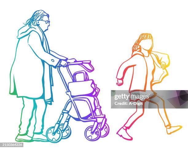 young and old crossing streets rainbow - multigenerational workforce stock illustrations