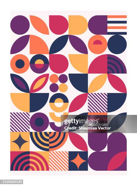 geometric scandinavian bauhaus seamless pattern art work design on white background with retro colours, mid century. - mural stock illustrations