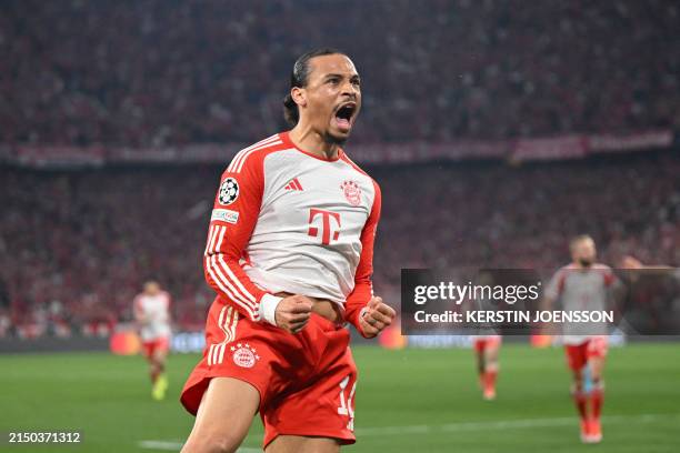 Bayern Munich's German forward Leroy Sane celebrates after scoring the equalising goal 1:1 during the UEFA Champions League semi-final first leg...