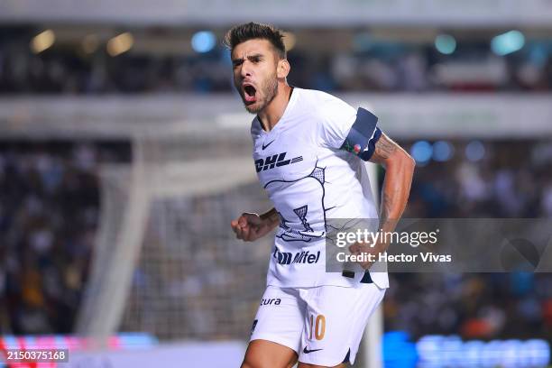 Eduardo Salvio of Pumas UNAM celebrates after scoring the team's first goal during the 17th round match between Queretaro and Pumas UNAM as part of...
