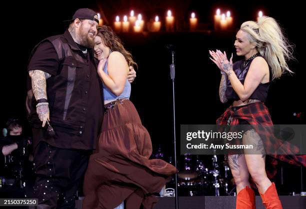 Jelly Roll, Bailee Ann and Bunnie Xo are seen at the T-Mobile Mane Stage during the 2024 Stagecoach Festival at Empire Polo Club on April 26, 2024 in...