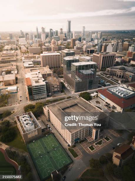 aerial view of downtown austin on a sunny day - austin texas landmarks stock pictures, royalty-free photos & images