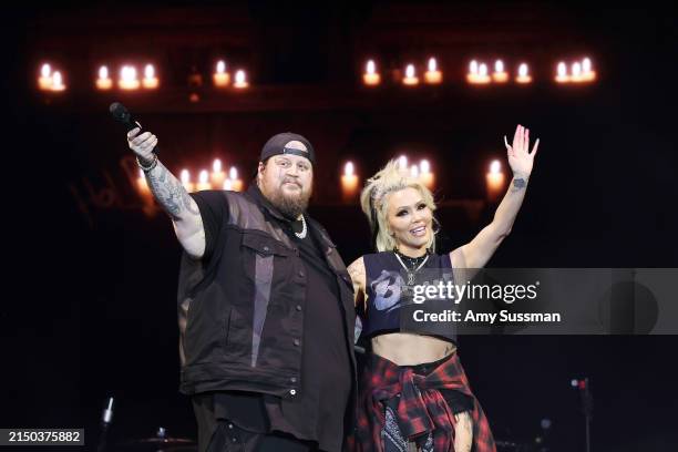 Jelly Roll and Bunnie Xo perform at the T-Mobile Mane Stage during the 2024 Stagecoach Festival at Empire Polo Club on April 26, 2024 in Indio,...