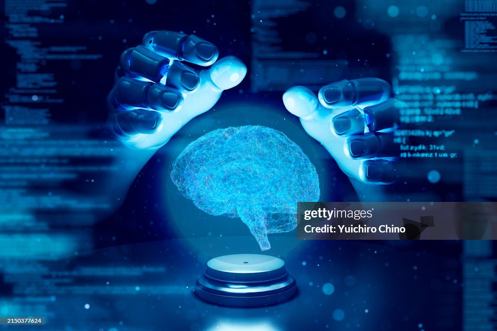 Robot fortune teller hand and AGI brain