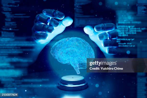 robot fortune teller hand and agi brain - artificiell generell intelligens bildbanksfoton och bilder