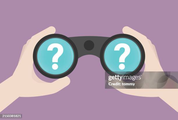question mark on binoculars for business problem solving concept - curiosity stock illustrations