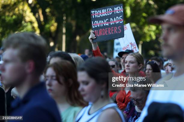 Demonstrators take part in a national rally against violence against women in the central business district CBD) on April 27, 2024 in Sydney,...
