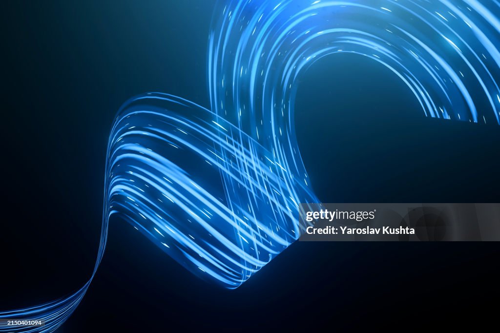 Digitally generated image of blue glowing futuristic digital data speed flowing and network structure. Innovative Materials CGI