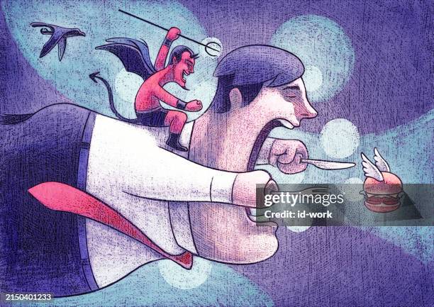 red evil riding hungry businessman who chasing flying hamburger - submissive art stock illustrations