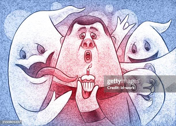 fat man holding cupcake with cat and ghosts - overweight dog stock illustrations