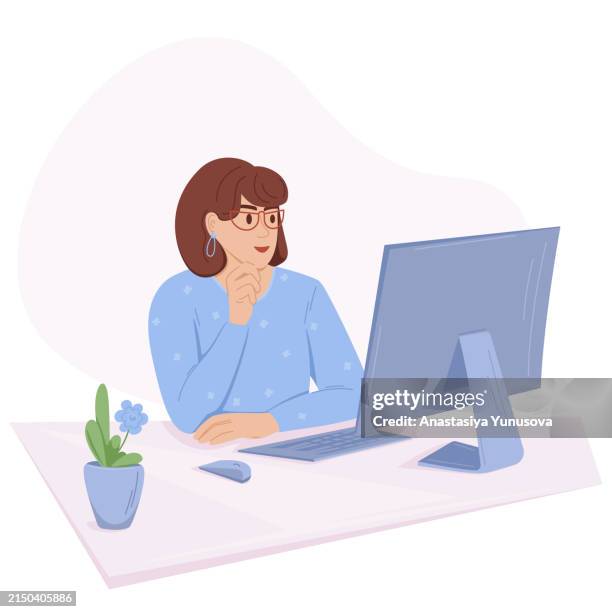 woman reading looking at the computer - screen reader stock illustrations