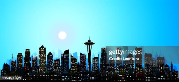 seattle skyline silhouette (each building is complete and moveable) - seattle space needle night stock illustrations
