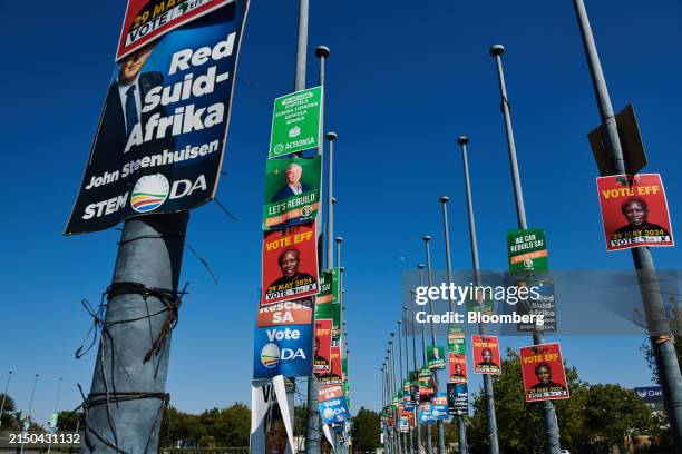 Election posters for the Democratic Alliance , Freedom Front Plus and Economic Freedom Fighters parties in Pretoria, South Africa, on Tuesday, April...