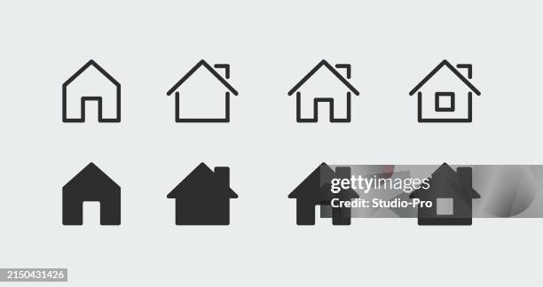 ilustraciones, imágenes clip art, dibujos animados e iconos de stock de colección de iconos de inicio. diseño de casa vectorial de arte de línea plana - casa independiente