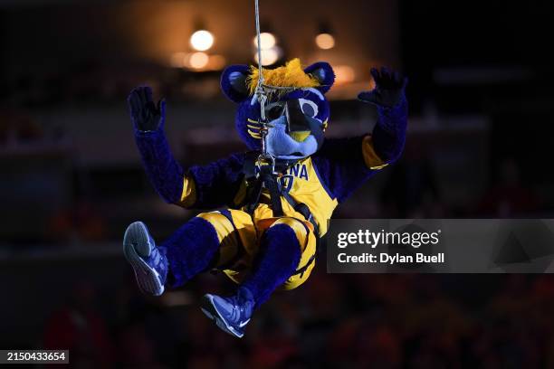 Boomer, the Indiana Pacers mascot, performs before game three of the Eastern Conference First Round Playoffs between the Milwaukee Bucks and the...