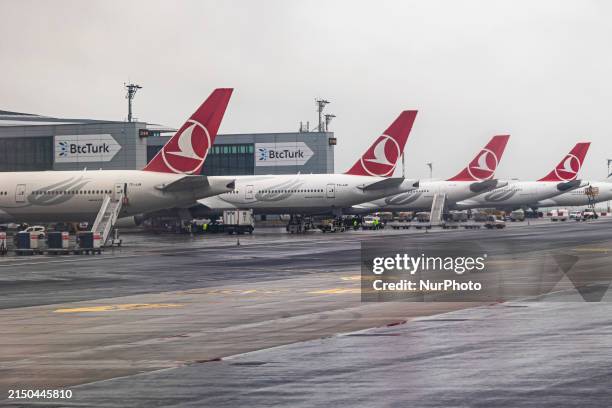 Turkish Airlines THY wide body Airbus A330 and Boeing 777 aircraft for long haul flights with the logo on the tail of the fuselage pictured on the...
