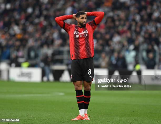 Loftus Cheek of AC Milan reacts during the Serie A TIM match between Juventus and AC Milan at Allianz Stadium on April 27, 2024 in Turin, Italy.