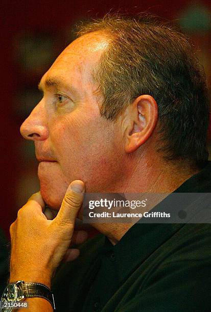 Gerard Houllier of Liverpool talks to the media as he announces Harry Kewell as a new signing during a press conference on July 10, 2003 at Anfield...