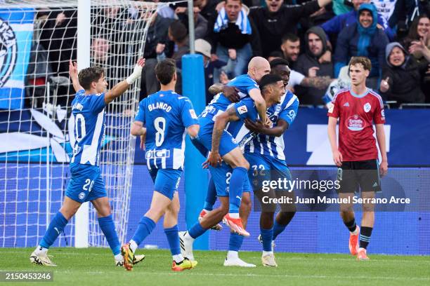 Carlos Benavidez of Deportivo Alaves celebrates after scoring his team's third goal during the LaLiga EA Sports match between Deportivo Alaves and...
