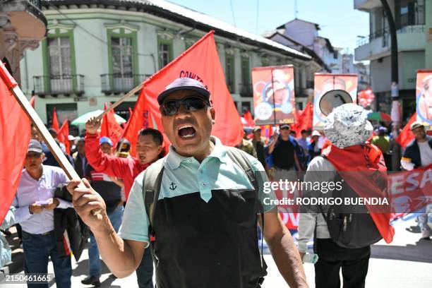 Members of different unions and social movements demonstrate against the government of Ecuadorean President Daniel Noboa during the commemoration of...