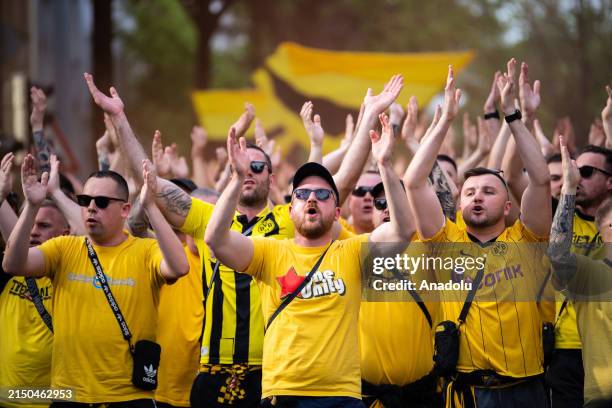 Fans of Dortmund march prior the UEFA Champions League semi-final first leg match between Borussia Dortmund and Paris Saint-Germain at Signal Iduna...