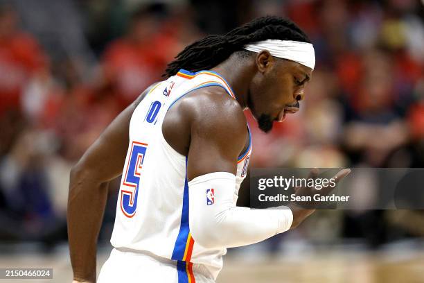 Luguentz Dort of the Oklahoma City Thunder reacts after scoring a three point basket during the second quarter in Game Three of the first round of...
