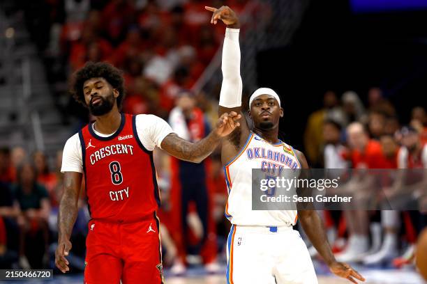Naji Marshall of the New Orleans Pelicans reacts after Luguentz Dort of the Oklahoma City Thunder scores a three point basket during the second...
