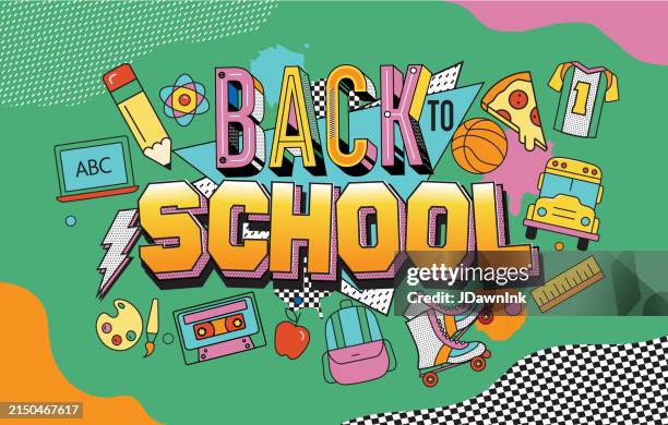back to school y2k retro 90s style banner template design with 3d text and education and fun icons - 1990 stock illustrations