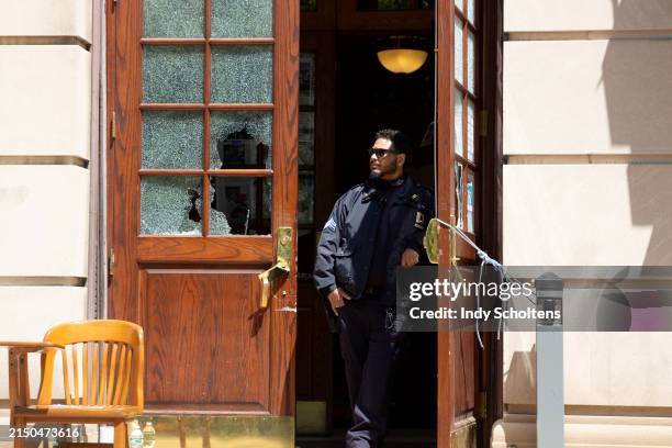 Security looks on as Columbia University President Minouche Shafik visits Hamilton Hall on the campus of Columbia University on May 1, 2024 in New...