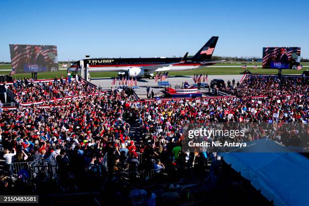 Republican presidential candidate, former U.S. President Donald Trump speaks during a rally on May 1, 2024 at Avflight Saginaw in Freeland, Michigan....