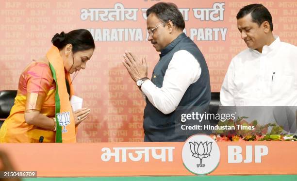 Actress Rupali Ganguly joins BJP in the presence of senior BJP leader Vinod Tawde and Anil Baluni at BJP Headquarters, DDU Marg on May 1, 2024 in New...