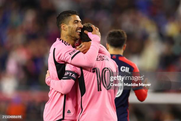Luis Suárez of Inter Miami celebrates his goal with Lionel Messi during the second half in the game against the New England Revolution at Gillette...
