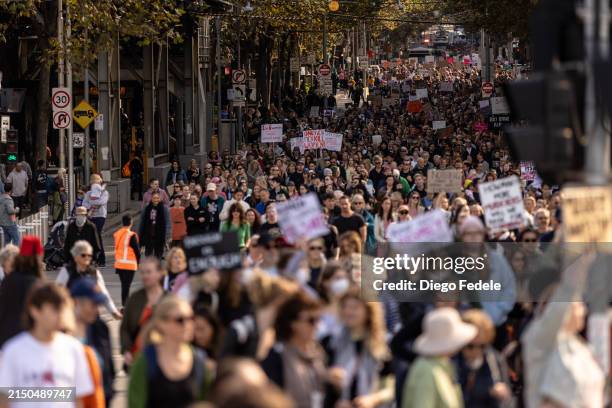 People march towards Federation Square during a rally against women's violence on April 28, 2024 in Melbourne, Australia. Australians around the...