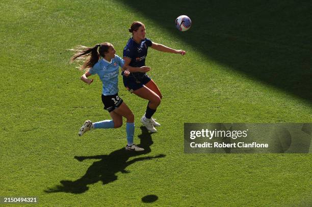 Leah Davidson of Melbourne City and Natasha Prior of the Jets compete for the ball during the A-League Women Semi Final match between Melbourne City...
