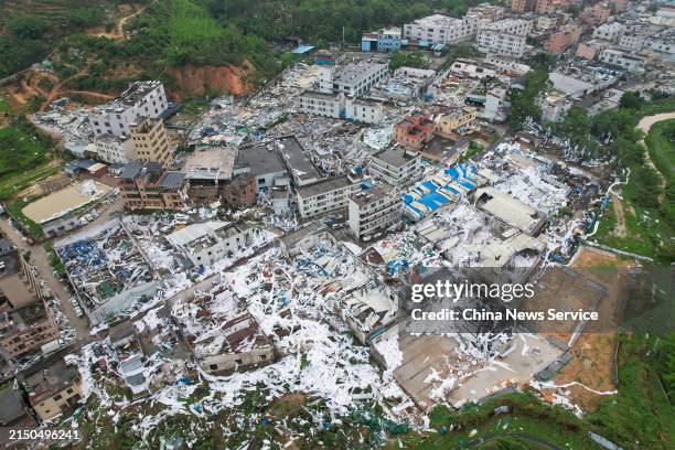 Aerial view of a factory whose roof was ripped off by strong tornado on April 28, 2024 in Guangzhou, Guangdong Province of China. Five people were...