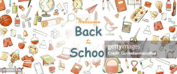 illustrations, cliparts, dessins animés et icônes de concept de l’expérience scolaire. motif sans couture avec doodles. vecteur - vie scolaire